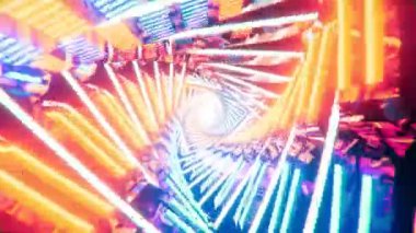Bükülmüş üçgen tünel, düğümsüz. Parlayan neon üçgenleri olan fütürist soyut bir tünel. Bilim kurgu geçmişi. Sanal gerçeklik. 3B görüntüleme