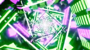 Soyut parlak neon tünel. Dönüşümlü aydınlatma üçgenleriyle fütüristik tünelin içinde uçuyorlar. Animasyon döngülü bilim kurgu geçmişi. Bilgisayar ve veri teknolojisi