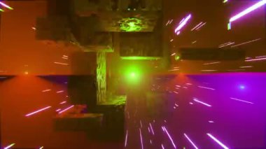 Parlayan küpleri olan soyut bilim kurgu tüneli. Animasyonlu fütüristik arka planda uçmak. Parlayan neon küpleri ve çizgiler koridor oluşturuyor. 3 boyutlu görüntüleme. 4 bin. Hareket grafiği. Döngüsüz.