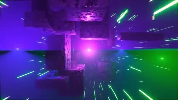 Gloeiende Neon Kubussen Vliegen Sci Cyberspace Realiteit Creëren Tunnel Abstract — Stockvideo
