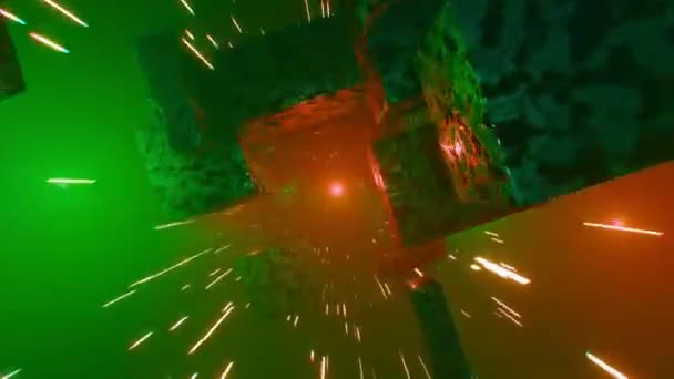 Futuristische Abstracte Eindeloze Tunnel Met Gloeiende Blokjes Roterende Neon Gloeiende — Stockvideo
