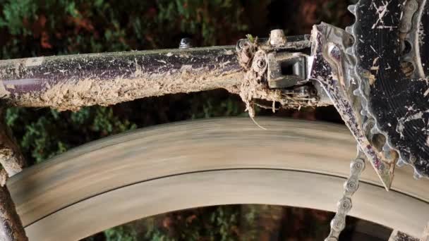 Close Detalhes Bicicleta Cascalho Sujo Com Roda Rotativa Vertical Engrenagens — Vídeo de Stock