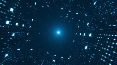 Parlak neon noktalar dönüyor ve fütüristik bilim kurgu tünelleri oluşturuyor. Uçan noktalar ve şebeke çizgileriyle soyut animasyon arkaplanı. 3B görüntüleme, döngü