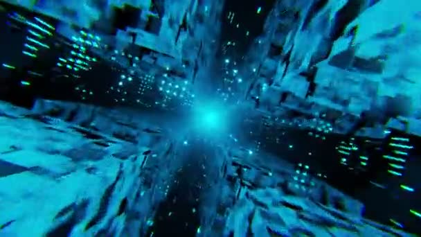 抽象的几何隧道 由飞行的霓虹灯发光立方体制成 带着移动的立方体和圆点穿越未来科幻走廊 虚拟现实 — 图库视频影像