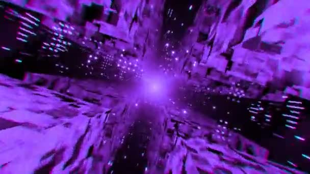 Högteknologisk Neon Futuristisk Tunnel Flygande Och Roterande Glödande Geometriska Kuber — Stockvideo