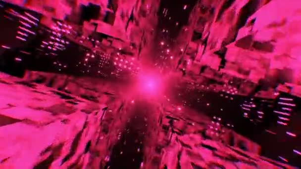 抽象的未来主义立方体飞行和旋转 时间通过网络空间科幻隧道与霓虹灯照明 3D渲染 动画几何背景 无缝隙 — 图库视频影像
