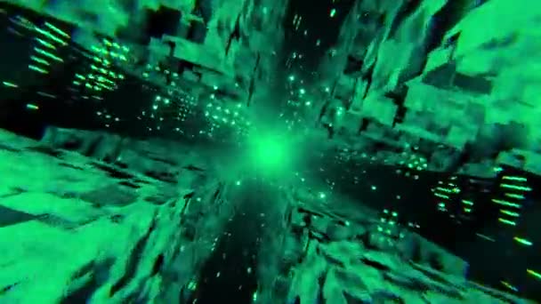 未来主义抽象几何动画背景 科幻隧道 有发光的 旋转的立方体和点 人工智能主题 3D渲染 — 图库视频影像