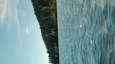 Dağ Gölü. Arka planda çam ağaçları olan dağ ormanları gölünde temiz su. Güneşli yaz gününde gölde yüzmek. Dikey video