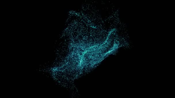 Glowing neon dust particles fly in air on black background. Dots particles background. Chaotic moving of light particles. Motion graphics