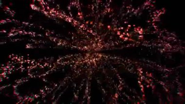 Parlayan parçacıklar arka planda hareket ediyor. Neon dairelerin kaotik hareketi ve uzayda noktalar. Uçan nokta ışıklarıyla soyut koyu arkaplan