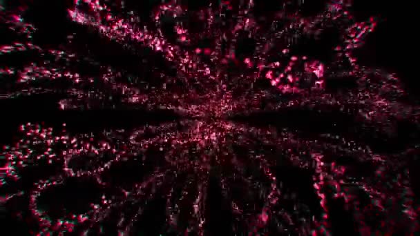 어두운 배경에 다채로운 움직임 혼란스러운 입자들이 흐릅니다 빛나는 폭발과 애니메이션 — 비디오