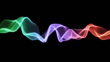 RGB dalgalarıyla soyut bir arkaplan. Flüoresan neon çizgileri koyu arkaplanda hareket ediyor, dikişsiz döngü animasyonu. Radyodalga arka planı. Hareket grafikleri