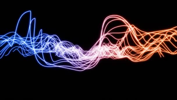 ブラックバックにネオン波を流す抽象 輝くネオンラインが振動します アニメーションシームレスな背景 紫外線レーザーが混沌と動いている モーショングラフィックス — ストック動画