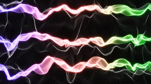 カラフルなグラデーション波の背景に輝く ネオン振り線とストライプの抽象アニメーション シームレスなループ 3Dレンダリング モダンモーショングラフィックス — ストック動画