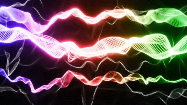 Dijital renkli gradyan çizgiler siyah arkaplanda animasyon dalgaları oluşturur. Parlayan neon şeritlerin ve dalgaların soyut animasyonu. 3 boyutlu görüntüleme. Veri teknolojisi