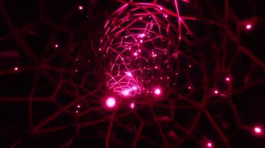 Renkli neon dota ve parçacıklar fütüristik soyut tünelde kusursuz bir şekilde uçuyorlar. Parlak neon ızgaralı bilim kurgu tünelinde yüksek hızda zaman yolculuğu. Ağ veri teknolojisi