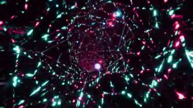 Sonsuz fütürist soyut tünel animasyonu. Parlak neon çizgiler ve parçacıklarla bilim kurgu koridorunda uçuyorlar. Geometrik tüneldeki uçuşun kusursuz döngülü arka planı