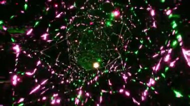 Fütürist tünel döngüye girdi. Uçan neon ve parçacıkların kusursuz renkli animasyonları. Geometrik bilim kurgu koridorunda ışık saçan noktalar. Modern hareket grafikleri