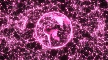 Pleksus 'a karşı Dünya gezegeninin dönen hologramı, kusursuz animasyon, 4K. Dünya 'yı neon ışıklarıyla döndürüyor. Döngülü bilgisayar animasyon arkaplanı. Hareket grafikleri