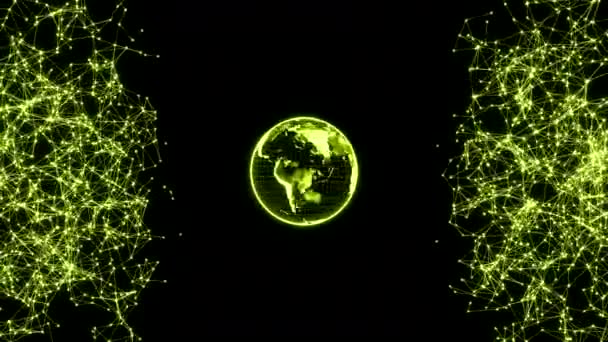 Holograficzna Planeta Ziemi Obracająca Się Czarnym Tle Połączonymi Liniami Splotu — Wideo stockowe