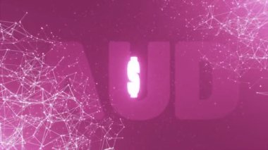 Arkaplanda parlayan plekse karşı dönen Avustralya Doları sembolü. Soyut gelecek çokgen AUD işareti. AUD para birimi simgelerini taşıyan gelecekçi pleksus