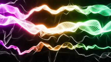 Hareketli parlak renkli çizgiler, soyut arkaplan. Renkli neon RGB çizgileri ve koyu arkaplanda hareket eden dalgalar, kusursuz hareketli grafikler. 3B görüntüleme, döngüye alınabilir