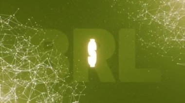 Dönen büyük parlak neon BRL sembolü. Brezilya Gerçek Para Birimi işareti ve bağlı çizgilerle canlandırılmış arka plan. Poligonlar, Brezilya 'nın gerçek sembolü olan pleksus hatları çiziyor. 3B görüntüleme, kusursuz döngü