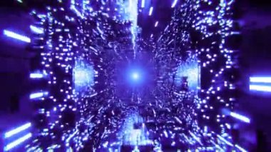 Neon ışıkları ve modern gökdelenleri olan gelecekteki koridorda yüksek hızlı sürüş. Bilim kurgu şehir tünelinde uçmak, döngülü animasyon. 3 boyutlu görüntüleme. Hareket grafikleri