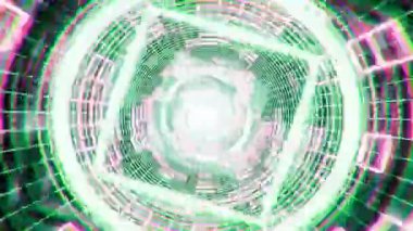 Bilim kurgu neon tüneli. Geometrik parlayan şekillerle soyut fütüristik tünellerde uçmak. 3B görüntüleme, pürüzsüz döngülü arkaplan