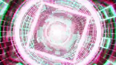 Geometrik şekiller ve dairelerle parlayan neon ışıklı tünellerde uçmak, soyut animasyon döngüsü. Bilim kurgu fütüristik geçmişi. Sanal gerçeklik teması