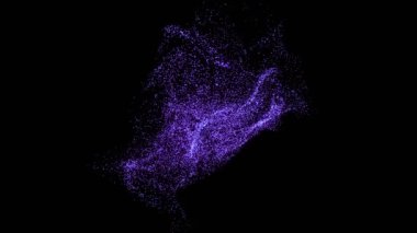 Parlayan neon parçacıkları koyu arkaplanda kaotik bir şekilde uçuyor. Hareket eden ışıklandırmalı animasyon arka plan. Soyut hareket grafikleri