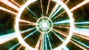 Parlak neon hatları ve ışınlar hareket ediyor ve bilim kurgu tüneli oluşturuyor. Çemberlerin ve çizgilerin oluşturduğu soyut fütüristik tünellerde uçuyor. 3B canlandırma, kusursuz döngülü canlandırma