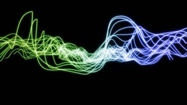 Parlayan radyo dalgaları. Soyut koyu arkaplanda sallanan parlak renkli neon çizgiler, döngülü animasyon. Modern hareket grafikleri