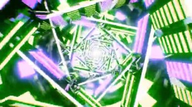 Neon ışıklı bilim kurgu üçgenleri tüneli. Uçan geometrik şekilli fütüristik renkli animasyon arka planı. 3 boyutlu görüntüleme. Döndürülebilir canlandırma