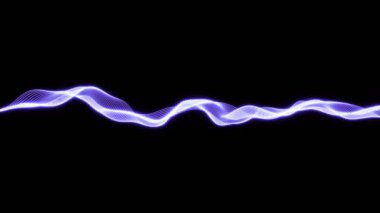 Karanlık arka planda hareket eden parlak ışıklandırmalı dijital dalgalar. İnce ultraviyole ses hatlarıyla donatılmış animasyonlu arka plan. Parlak çizgi dalgaları uzayda sorunsuzca hareket ediyor