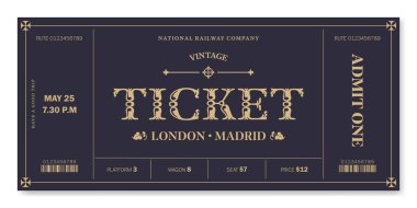 Universal vintage ticket template with golden text on a dark background. clipart