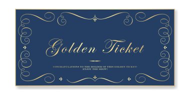 Hassas mavi bir arka planda altın bilet. Klasik gala etkinlikleri ve kampanyalar için klasik Viktorya tarzı birinci sınıf vektör bileti şablonu. Web ve yazdırma için. 