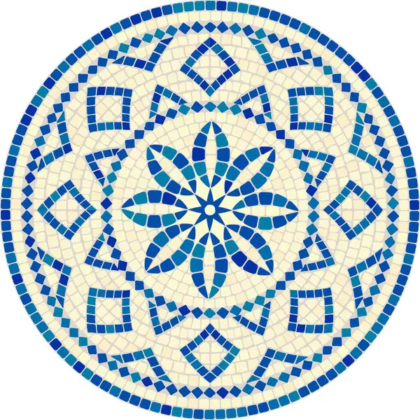 Açık arkaplanda mavi renkli klasik dairesel mozaik süsleme. Seramik, fayans, süs, fon ve diğer projeler için.