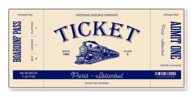 Retro mavi tren bileti şablonu. Gezi rotaları, bilet tasarımı, retro partiler, kulüpler ve daha fazlası için. Vektör, yazdırmak için kullanılabilir. Sadece metnini ekle.