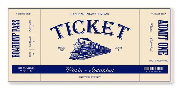 Retro mavi tren bileti şablonu. Gezi rotaları, bilet tasarımı, retro partiler, kulüpler ve daha fazlası için. Vektör, yazdırmak için kullanılabilir. Sadece metnini ekle.