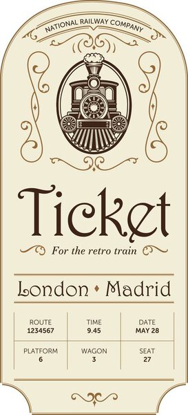 Retro train ticket template with vintage typography and ornate design, featuring an old steam locomotive illustration. Use for excursion routes, retro parties and clubs and other projects. Vector, can be used for printing.	