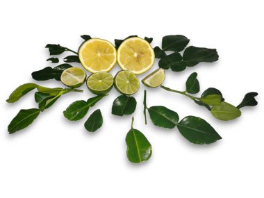 Yaprak izole edilmiş limon meyvesi. Limonlu, yarım dilimli, beyaz yapraklı. Lezzetli limon dilimleri. Kırpma yolu ile. Tam alan derinliği.