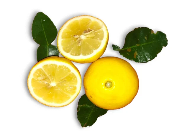 Citromos Gyümölcs Leveles Izolátummal Citromos Felet Szeletet Fehér Leveleket Citromszeletek — Stock Fotó