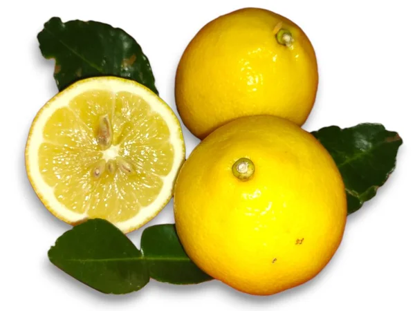 Citronové Ovoce Listovým Izolátem Citrónová Půlka Plátek Listí Bílém Citrónové — Stock fotografie