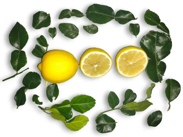 Beyaz arkaplanda yeşil yapraklar arasında sarı limonlar