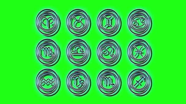 Animación Neón Con Fondo Pantalla Verde Símbolos Del Zodíaco — Vídeo de stock