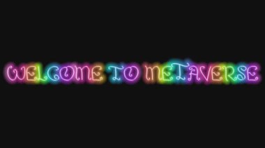 Siyah arka planda renkli neon animasyonlu Metaverse 'e hoş geldiniz. Dijital teknoloji yüksek teknoloji konsepti. 4K döngüsü görüntüleri. Meta-evren çok renkli, neon ışıklı ışıklara hoş geldiniz.