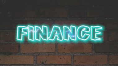 Mali işler. Mavi neon animasyon. Neon işareti animasyon metni. tuğla duvar arkaplan animasyonunda mavi neon metin