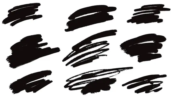Elle çizilmiş fırça darbelerinin vektör fırça darbeleri. Siyah mürekkep fırçası şekilleri. Tasarım, logo, pul, siyah arkaplan için soyut arkaplan.