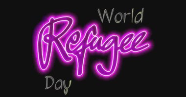 Mor neon rengi ve siyah arkaplan ile Dünya Mülteci Günü El Yazısı Metin Canlandırması.